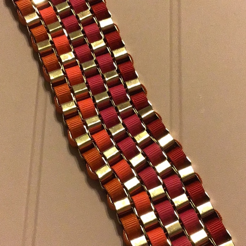 EUC, ARTISAN MADE,GOLD LINK WITH HOT PINK/ORANGE GROSGRAIN RIBBONS/TOGGLE STYLE